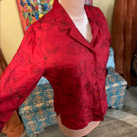 Carole Little red embroidered lined button down blouse, large - Picture 12 of 15